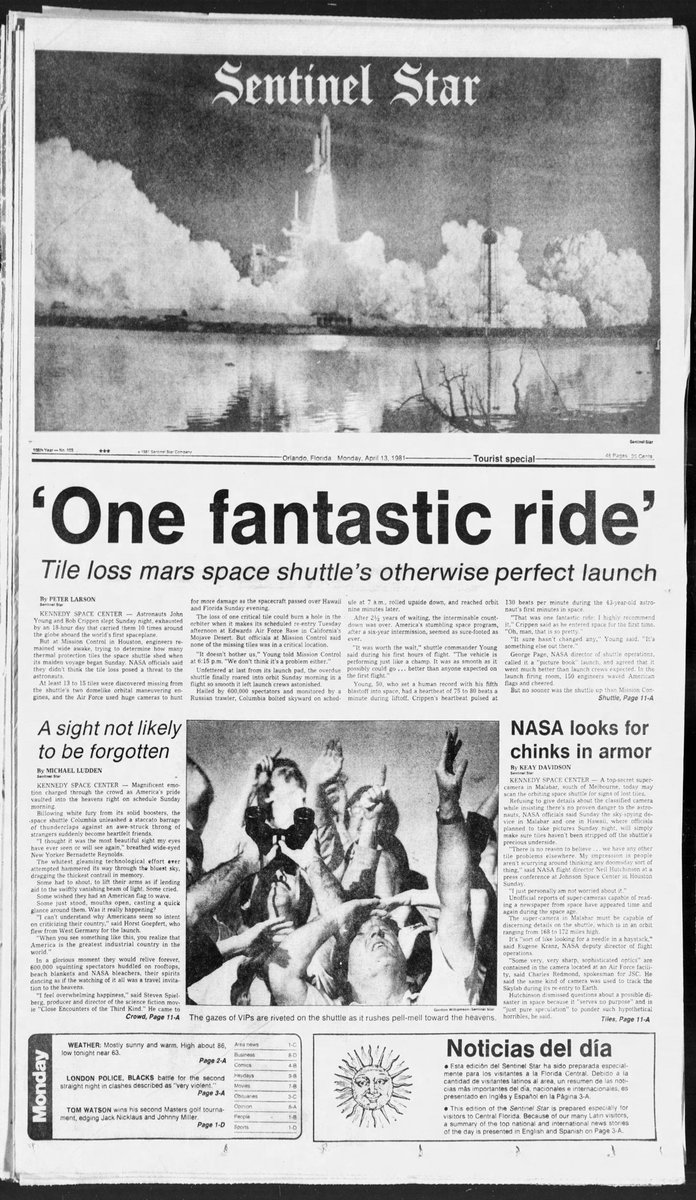 April 12, 1981: The first launch of a Space Shuttle (Columbia) takes place. [Orlando Sentinel Star - April 13, 1981]