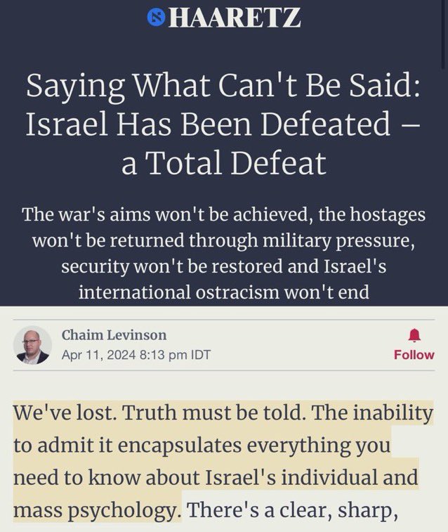 Another Israeli realizing what Palestinians have been saying all along. Hostages won’t be returned through indiscriminate bombing, security will never be achieved while Palestinians are under occupation/blockade, and Israel’s isolation deepens with each war crime they commit.