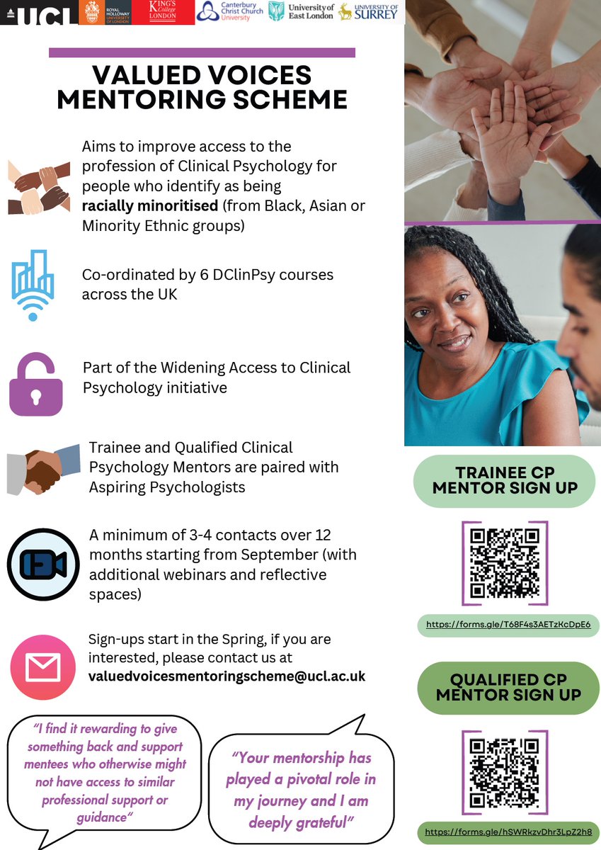 *CALLING TRAINEE & QUALIFIED CLINICAL PSYCHOLOGISTS - PLEASE SHARE* We are recruiting mentors for the 2024-2025 Valued Voices Mentoring Scheme, to support racially-minoritised aspiring CP's. See details: Trainee CP: forms.gle/y4cmwSYn6JSsNt… Qualified CP: forms.gle/hSWRkzvDhr3LpZ…