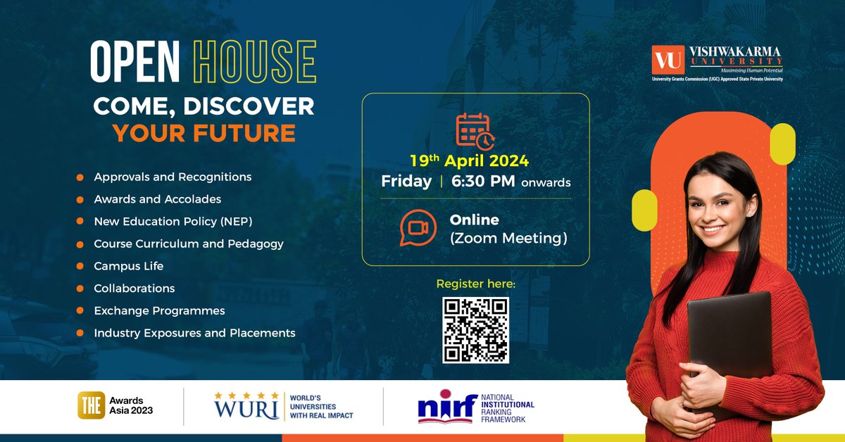Join our online Open House on 19th April 2024 and discover your future sitting in the comfort of your home. 
registration link: forms.gle/pZZUa62NeSvZDB…
#openhouse #education #highereducation #ranking #openhousesession #topranked #studentempowerment #future #topuniversity