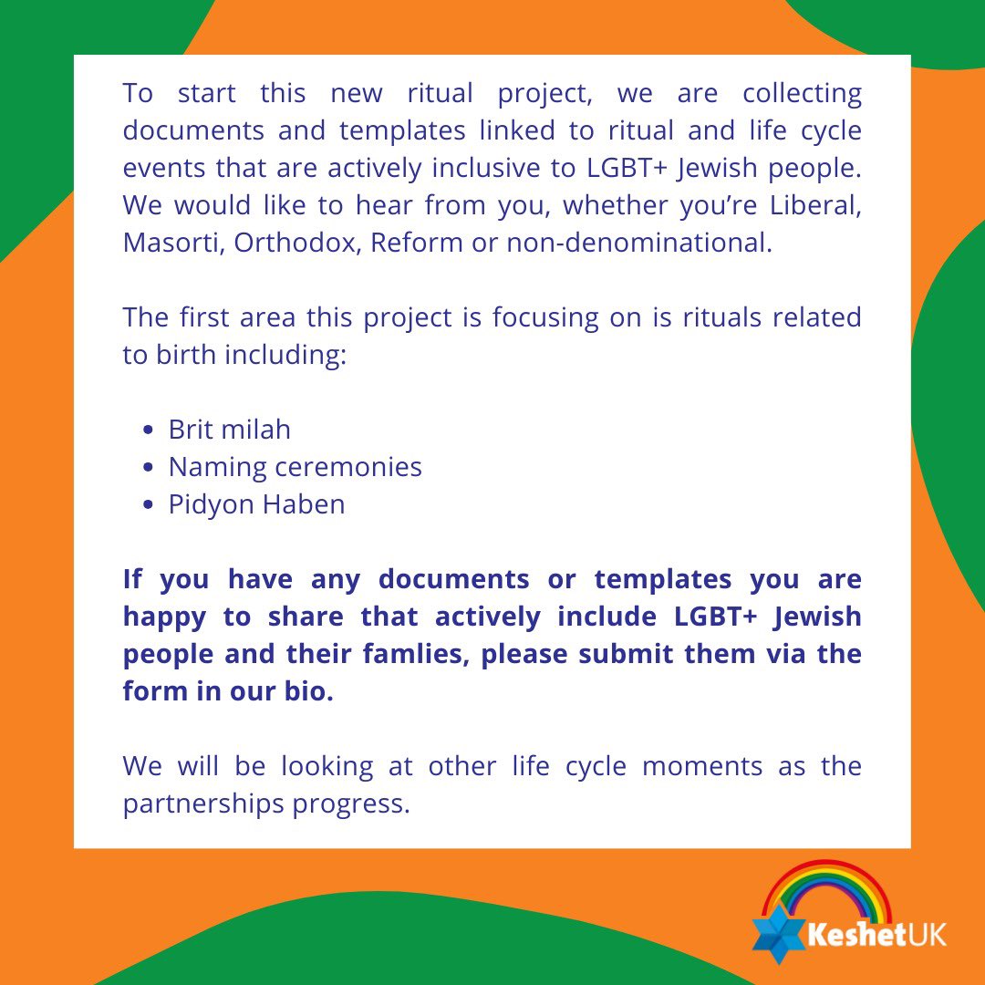 LGBT+ Jewish people should have the experience they're expecting to have, including in rituals & life cycle moments. We’re starting a new partnership project to learn what options are available for LGBT+ Jewish people in all communities. Click the link in our bio to find out more