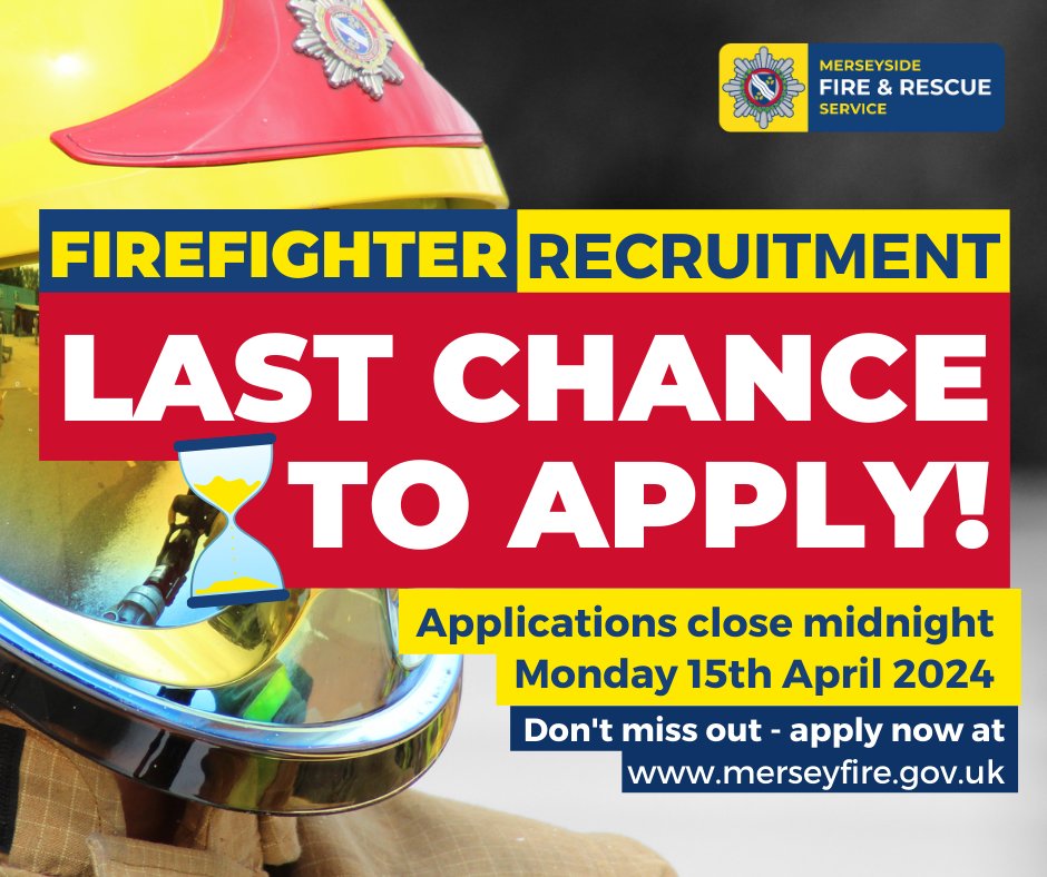 Still not submitted your application to become an #MFRSFirefighter? Don't leave it too long - applications close at midnight on Monday 🚒 Head to recruitment.merseyfire.gov.uk/wrl/ to apply now!