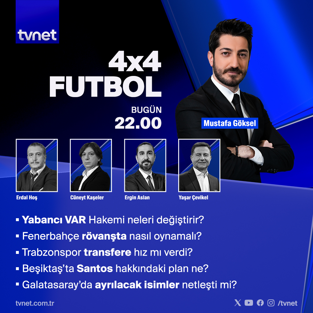 ▪Fenerbahçe rövanşta nasıl oynamalı? ▪Trabzonspor transfere hız mı verdi? ▪Beşiktaş'ta Santos hakkındaki plan ne? ▪Galatasaray'da ayrılacak isimler netleşti mi? @mgoksell, @erdalhos, @cuneytkaseler, @erginaslan ve @cevikel_yasar ile #4x4Futbol bugün 22.00'de #TVNET'te.