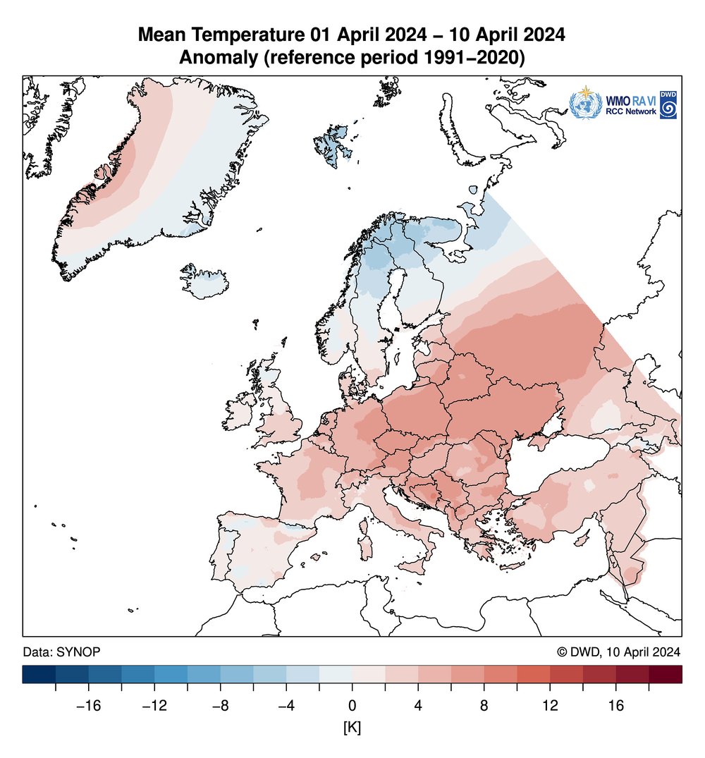 So warm waren die ersten 10 Tage im April2024# in Europa: Verbreitet 25-30 °C, örtlich darüber, einige neue lokale Aprilrekorde oder kurz davor, im Mittel verbreitet bis über 6 Grad wärmer, besonders nach Osten hin. Nur der Norden war kalt.