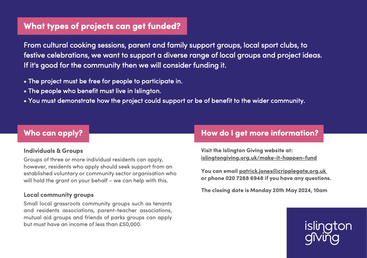 Do you have a project idea that could benefit the community? The Make It Happen fund is a grant up to £500 for Islington residents. The closing date is Monday 20th May, 10am. If you need help in applying – pop in to the centre and we will be happy to assist 😊