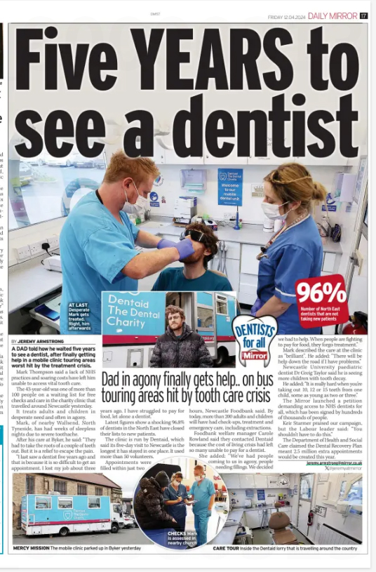 'Five YEARS to see a dentist' - the @dentaid mobile clinic visits Newcastle this week, as featured in today's @DailyMirror with pics by @RaoulDixonNNP #DentistsForAll #NHS