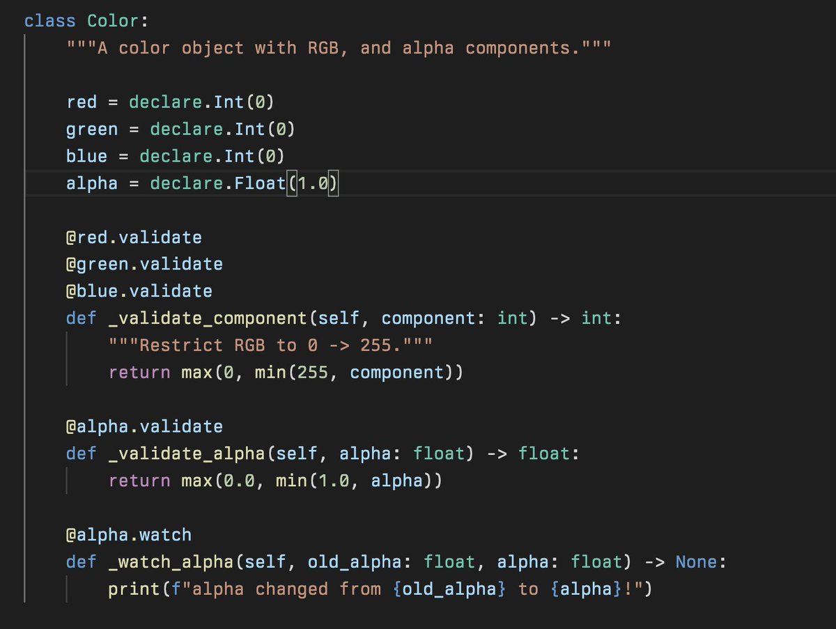 I published a thing. Not an official @textualizeio project, just a personal thing. It's an alternative way of declaring Python class attributes, that adds validation and watching. It's a bit experimental. Let me know what you think! github.com/willmcgugan/de…