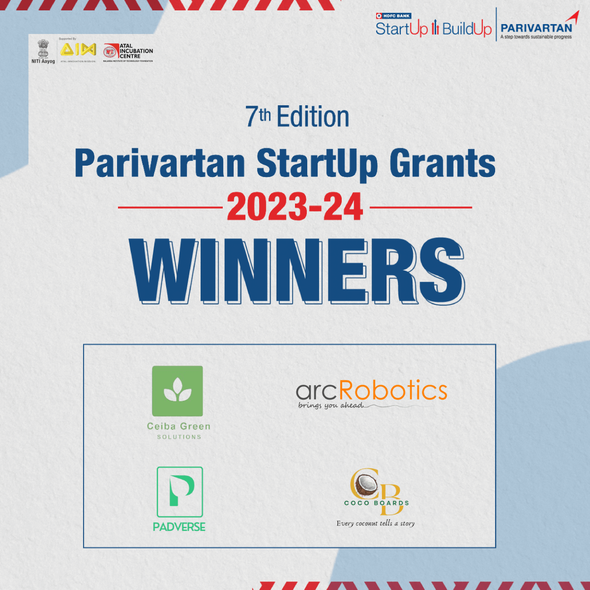 @AtalNit is pleased to announce the winners of the @HDFC_Bank - @HDFCBankCSR StartUp Grants 2024. The program contributes towards social development in India by supporting emerging innovative startups working in the social space via incubators.