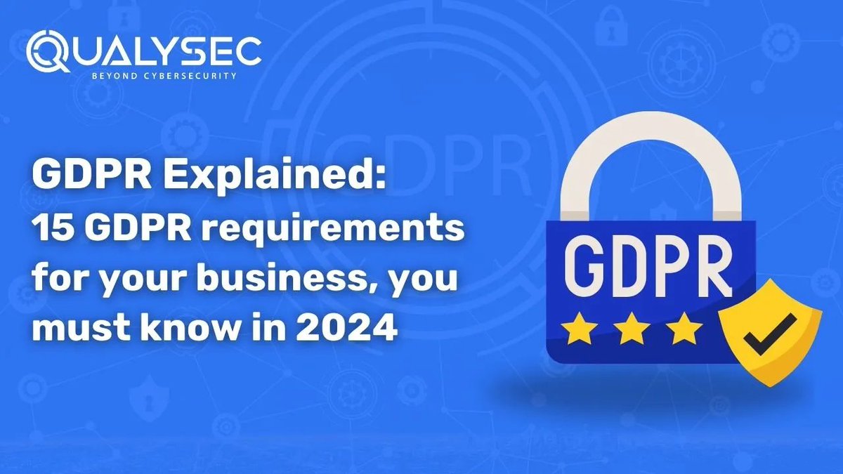 Stay ahead of GDPR compliance in 2024 with these 15 essential requirements for your business. Click below to learn more: qualysec.com/gdpr-complianc… 𝗖𝗮𝗹𝗹 𝗨𝘀: +𝟵𝟭 𝟴𝟲𝟱 𝟴𝟲𝟲 𝟯𝟲𝟲𝟰 #GDPR #Compliance #DataProtection
