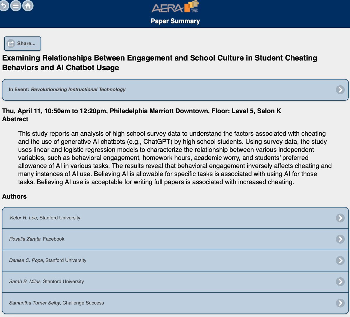 Great presentation at #AERA24 about student #ChatGPT use. Two major takeaways: 
1️⃣ No significant increase in cheating when comparing student behavior pre-/post-ChatGPT release
2️⃣ Students are unsure what uses of #AI are &amp; aren't allowable in the classroom
buff.ly/3Q11dah