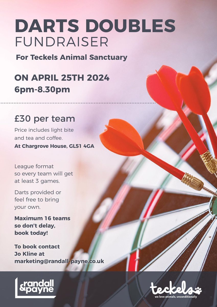 🎯 CALLING DARTS ENTHUSIASTS! On Thursday 25 April we are hosting a Darts Doubles tournament at Chargrove House! This is open to all businesses, so please come along and enjoy some networking with a competitive edge! To book contact Jo Kline at marketing@randall-payne.co.uk