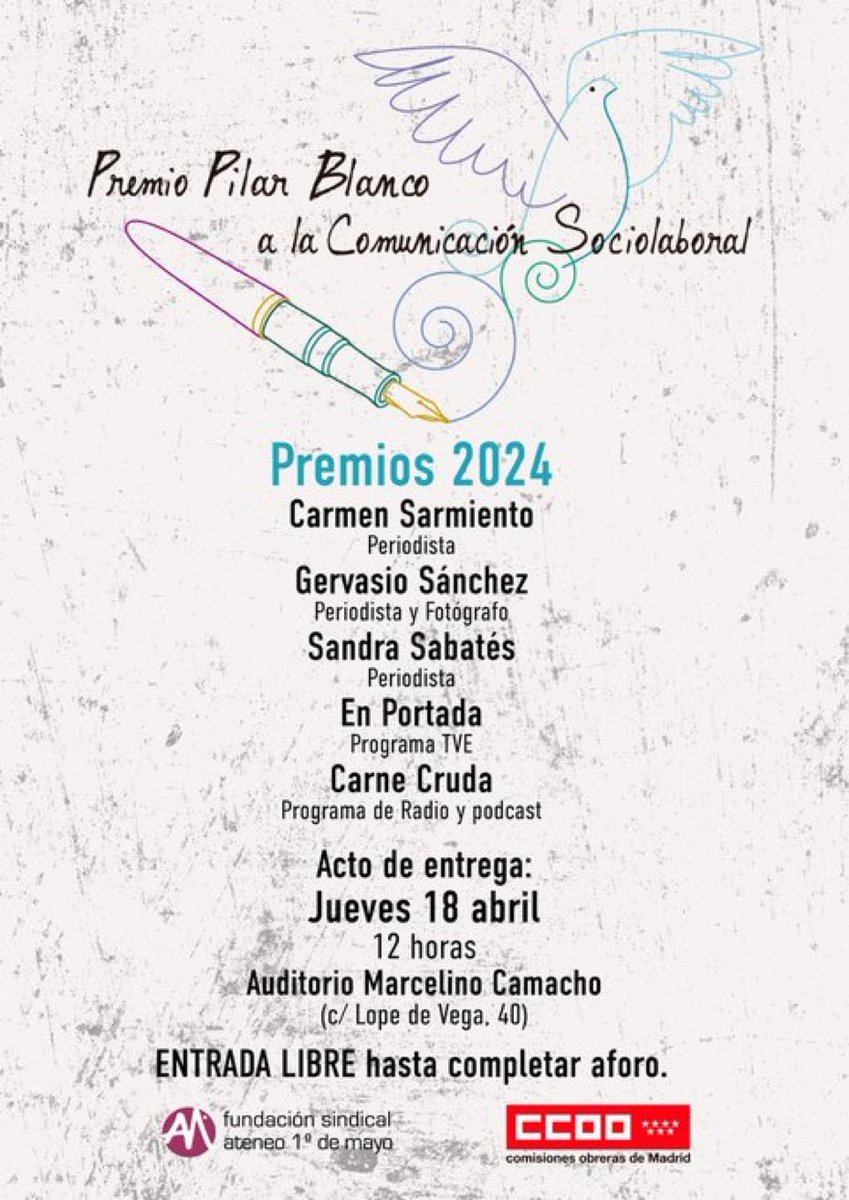 Enhorabuena a @gervasanchez @sandrasabates11 @EnPortada_TVE y @CarmenSarmient1 ganadores este año 2024 del premio #PilarBlanco de comunicación social Inmejorable elección!!! apmadrid.es/carmen-sarmien…