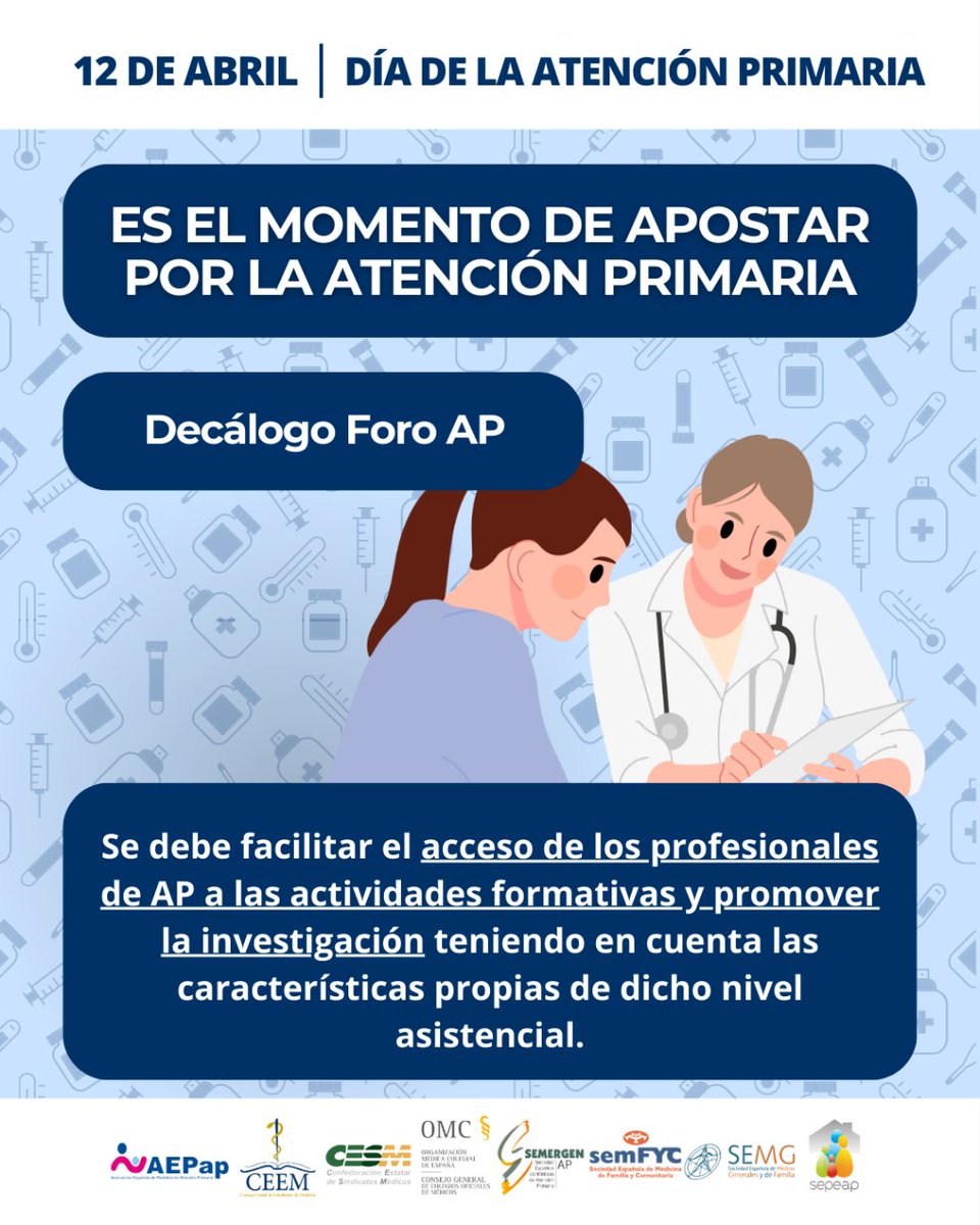 🩺🥼#DíaAtenciónPrimaria - Decálogo del Foro de #AP  👉Se debe facilitar el acceso de los profesionales de AP a las actividades formativas y promover la investigación teniendo en cuenta las características propias de dicho nivel asistencial.