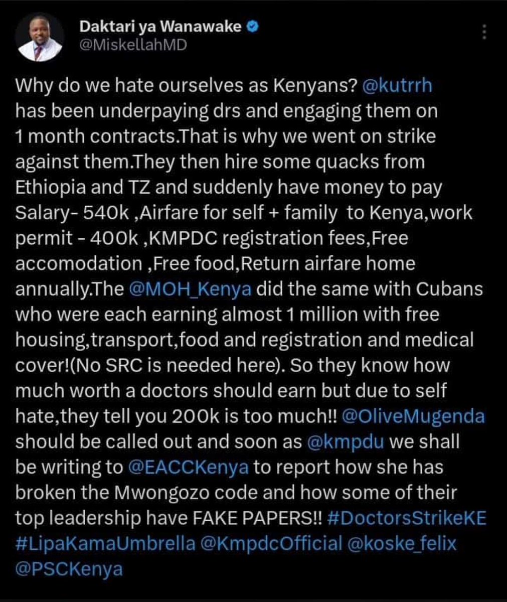 #DoctorsStrikeKE #ImplementCBA #PostMedicalInterns #PayResidentDoctors #SupportKenyanDoctors @Nakhumicha_S 
@WilliamsRuto
