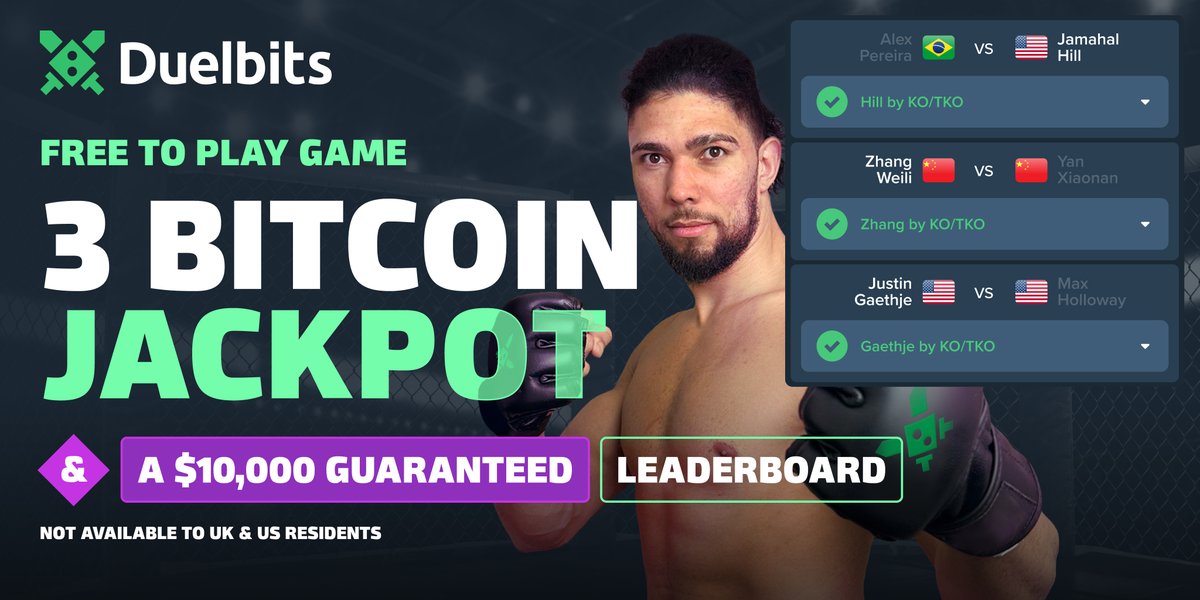 🔥Come play on Duelbits for FREE and you could Win 3 BTC while watching this weekend's huge MMA card! 🔮Correctly predict the outcome of the fights to grab our Jackpot! And take a spot on our $10,000 Leaderboard by playing! 100% FREE, make your picks!👇 duel.bz/300