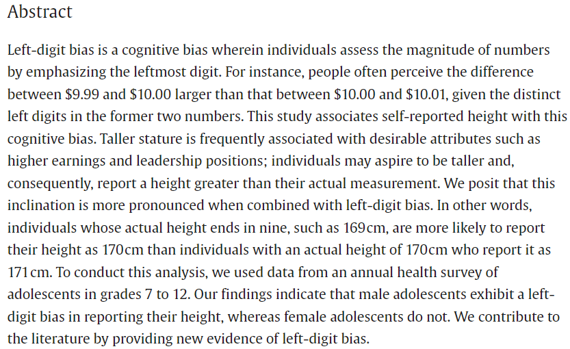 Just accepted: "Left-digit bias in self-reported height", by Cho. Link: doi.org/10.1016/j.ehb.…
