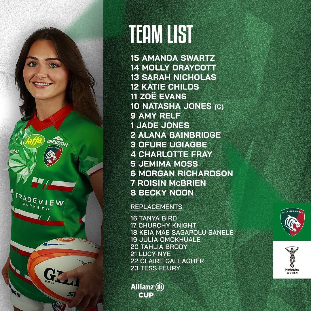 Tess Feury, Keia Mae Sagapolu & Tahlia Brody all on the bench when Leicester Tigers face Harlequins in Allianz Cup 7th place playoff.