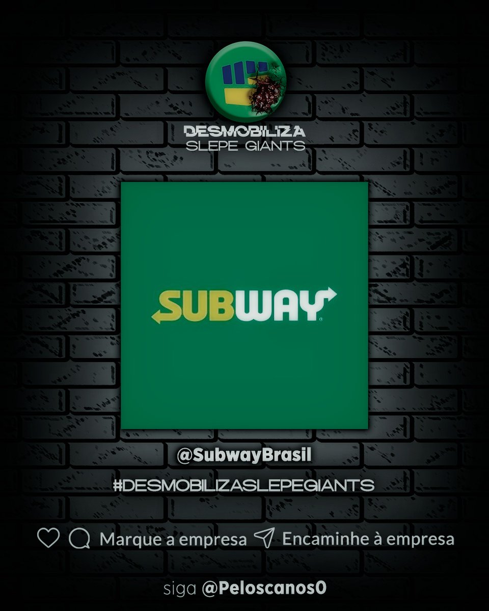 Olá @SubwayBrasil, tudo bem? Infelizmente, sua marca está sendo pressionada por um grupo que promove uma agenda de perseguição a empresas e meios de comunicação. Aposto que não querem a marca de vocês associada à censura, não se curvem ao Slepe Giants!!
 #DesmobilizaSlepeGiants