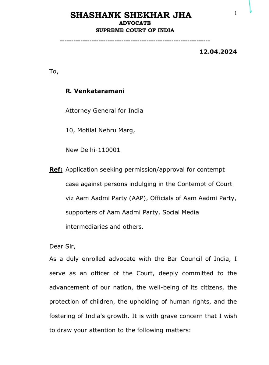 Advocate @shashank_ssj has written to Attorney General of India seeking permission to initiate Contempt of Court case against AAP, its officials and its supporters for tarnishing the image of Judicial system of India.