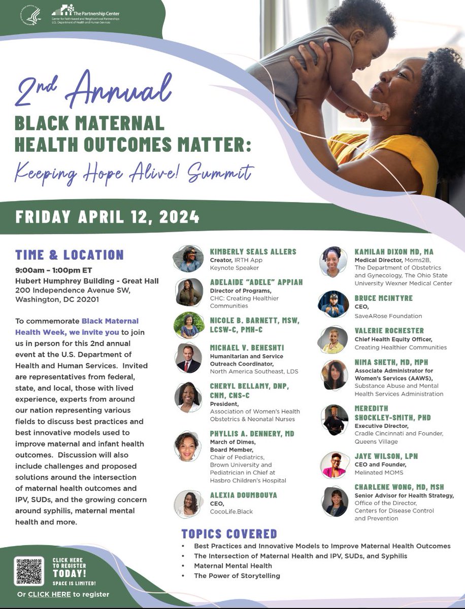 📣Happening today📣
2nd Annual Black Maternal Health Outcomes Matter: Keeping Hope Alive! Summit at the U.S. Department of Health and Human Services. 
@HHSPartnership @HHSGov 
#BlackMaternalHealth #BlackMaternalHealthWeek #maternalMentalHealth #PublicHealth