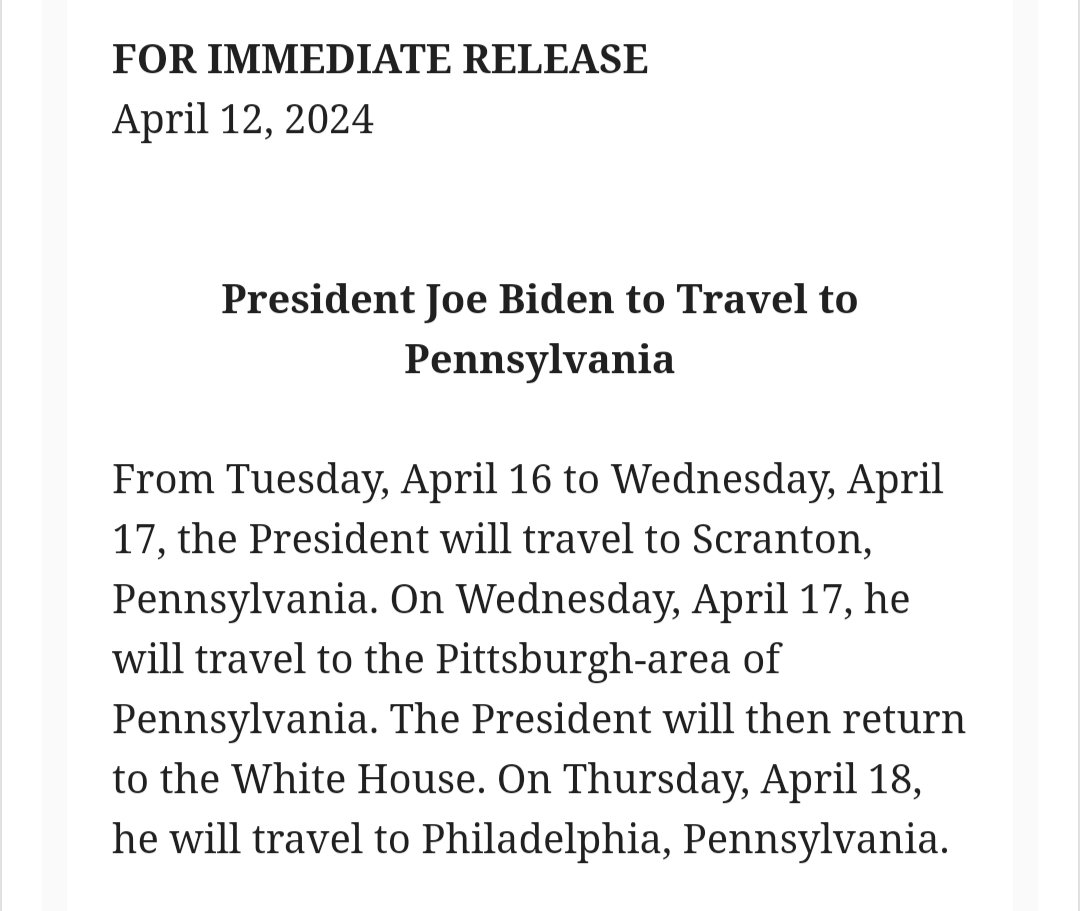 President Biden to visit the 'Pittsburgh-area of Pennsylvania' next week.