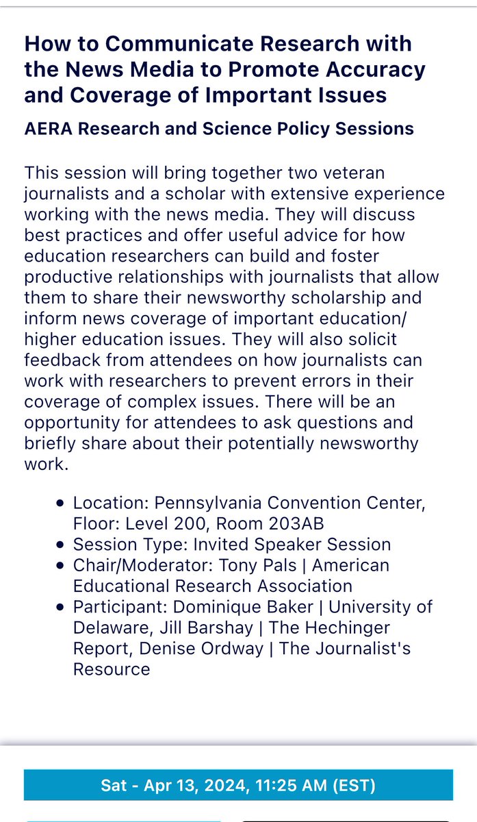 If you’re at #AERA24 and want to learn how to help journalists report correctly on your research, please stop me and say hi. You also can come to the session I’ll be speaking at tomorrow at 11:25 am, Room 203AB.