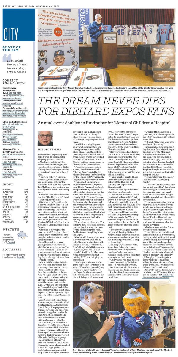 The great @TerryMosher1 will be selling and signing his extraordinary book at @ExposFest from 2-6 on April 20. Thank you to Bill Brownstein of the @mtlgazette for the article.