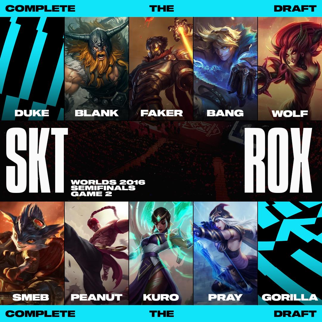 lolesports's tweet image. One of the most iconic battles of all time:

Which two picks are missing from this #Worlds2016 Semifinals draft?