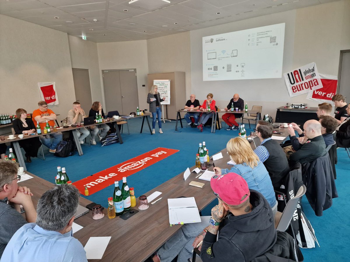 Today, @gabischoff, @UdoBullmann & @MarcAngel_lu from @TheProgressives meet with Amazon workers and trade unionists in Frankfurt, Germany. They hear about the increasing robotisation, the deployment of AI and the constant surveillance of workers in the company’s warehouses.