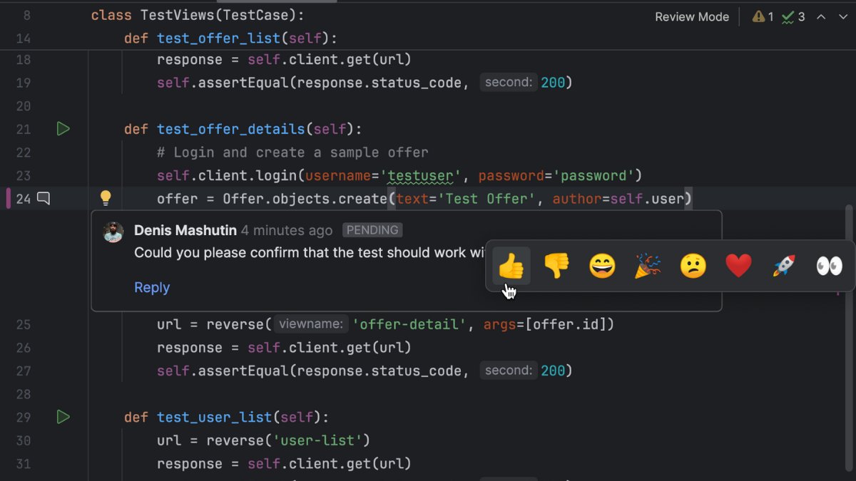 🚀PyCharm 2024.1 introduces a new code review experience for #GitHub and #GitLab. Seamlessly integrated with the editor, the new review mode lets you look at original code and comments directly when checking pull or merge requests. Learn more: jb.gg/ineditor-code-…