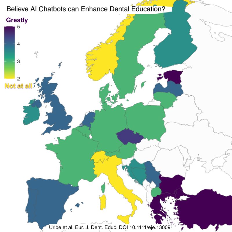 Dear Fellow Dental Educator: Any idea why there is so much variation in expectations that #AI can improve #DentalEducation in Europe? (Original data from onlinelibrary.wiley.com/doi/full/10.11… )