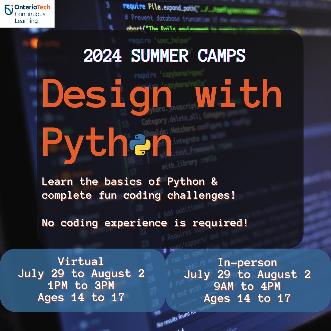 OT_summercamps's tweet image. Python is one of the world's most popular programming languages, used by scientists, hobbyists & everyone in between! Attendees prepare for future coding classes or languages they want to learn! Register today: vist.ly/xkgc
#pythoncamp
#coding
@OT_Outreach