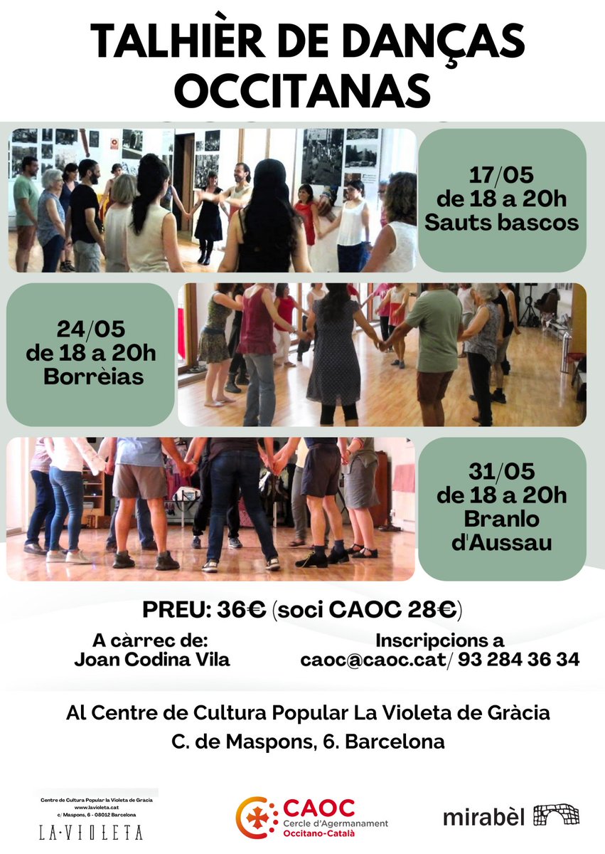 👋Adissiatz a totes!💥Nova edició del Taller de Danses occitanes amb en Joan Codina Vila de <a href="/MirabelMusicaOc/">Mirabèl</a>, a La Violeta de Gràcia🤩

📆 divendres 17, 24 i 31 de maig de 2024
🕠 de 18h a 20h

Bona dimenjada!🥳