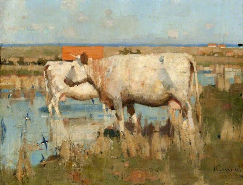'Landscape with Cattle.' (1883) The subject matter and the treatment of the cattle within their environment goes back to the Dutch masters, and Joseph Crawhall's treatment of the paint surface to describe the effect of light on his subject is a device used by Barbizon School…