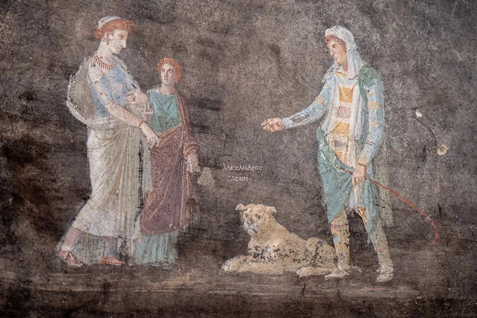 #FrescoFriday - Today it had to be the newly published - and utterly stunning - fresco from Insula X Regio IX. Alexandros (Paris) meets Helen, with their names in the Greek dipinti making the figures unmistakable. #Pompeii #Art

📸Tony Jolliffe. Link - bbc.co.uk/news/science-e…