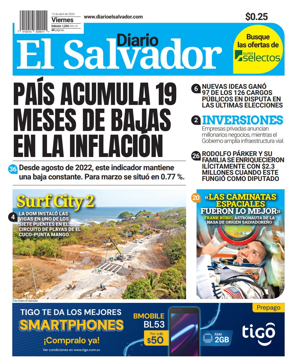 Esta es la portada de #DiarioElSalvador de este viernes, 12 de abril de 2024. #DiarioES