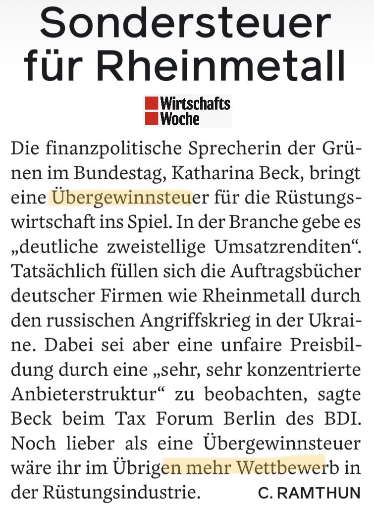 Lange Jahre hat man die Rüstungsindustrie mit der #ESG-Keule stigmatisiert. #Rheinmetall & Co. haben dennoch weiter investiert – und kaum rechnet sich das, erwachen die Übergewinnabschöpfungsgelüste. Wie in diesem Umfeld mehr Wettbewerb entstehen soll, wissen wohl nur Grüne.