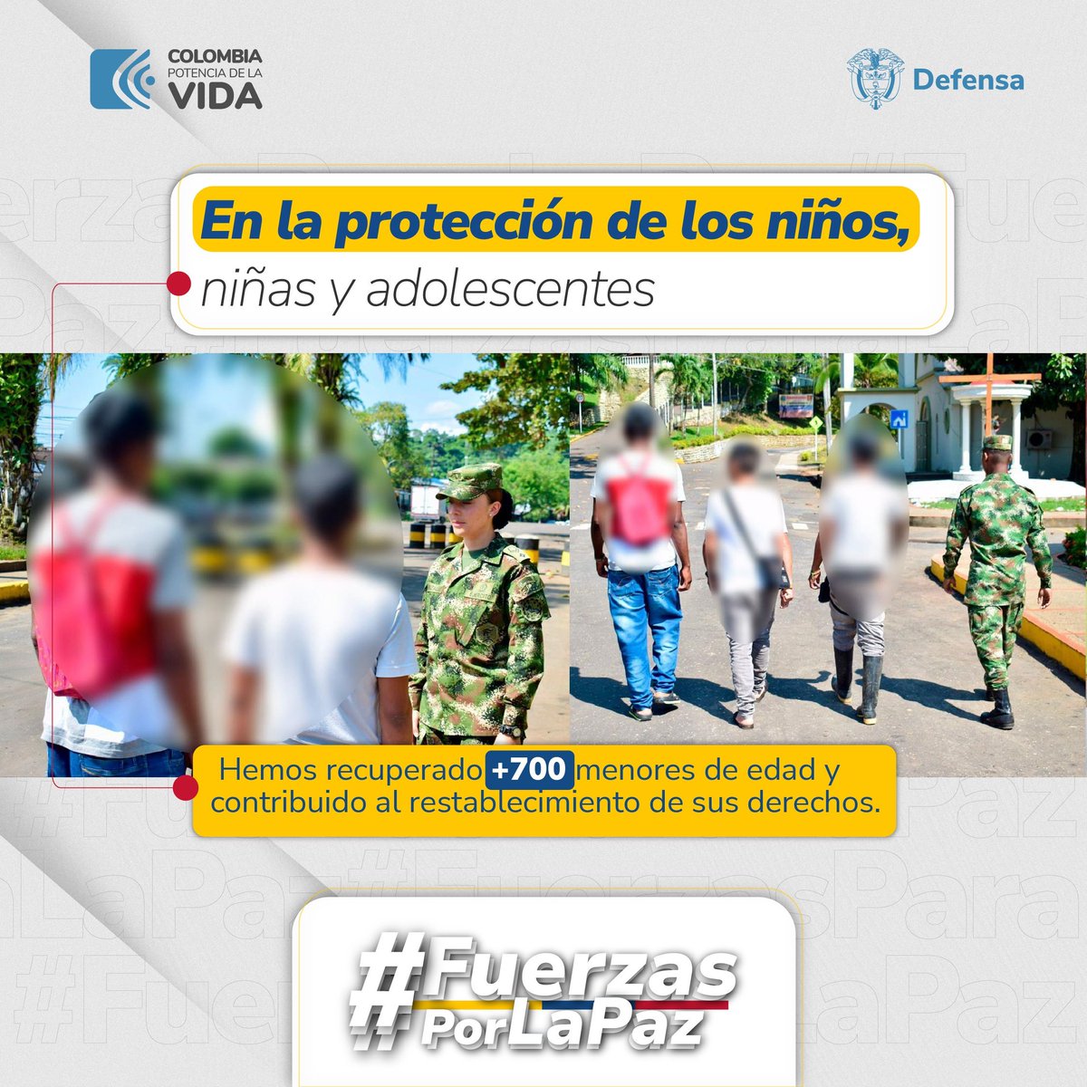 Aportamos al restablecimiento de los derechos de los niños, las niñas y los adolescentes, con la recuperación de más de 700 menores que se encontraban en manos de los grupos armados organizados. #FuerzasPorLaPaz 🕊️. @mindefensa