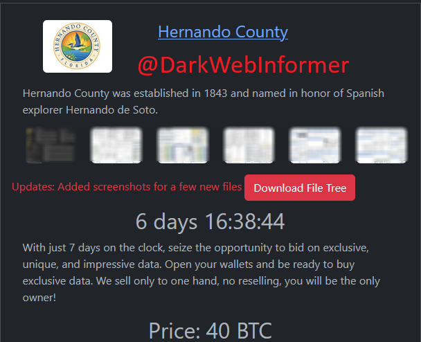 🚨MAJOR BREACH ALERT🚨 Allegedly, #Rhysida has named a new victim.

#Ransomware #DarkWebInformer #DarkWeb #Cybersecurity #Cyberattack #Cybercrime #Infosec #CTI

Country: #USA🇺🇸
Threat Actor: Rhysida
Company: Hernando County
Industry: Local
Revenue: $146.7M
Data Stolen: Unknown
