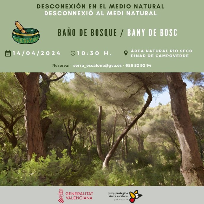 🤚🏽👂🏽👁️Desde el Paisaje Protegido de Sierra Escalona y su entorno le invitamos a esta nueva actividad que realizaremos el día 14 de abril con el título: 🛁BAÑO DE BOSQUE #gvamediambient #gvaparcsnaturals #PaisajeProtegidoSerraEscalona