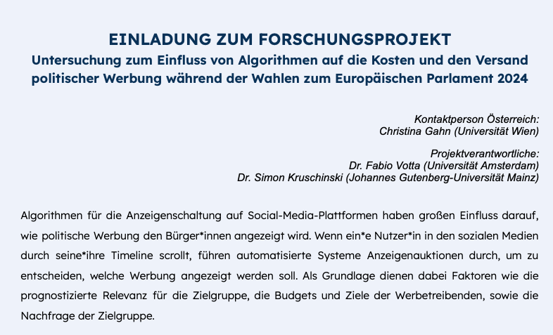 Für ein int. Forschungsprojekt zu den EU Wahlen (mit @favstats, @meinungfuehrer, @MadsHoveThy et al) habe ich alle AT Parteien eingeladen. Leider habe ich @volkspartei @FPOE_TV und @KPOE_EL noch nicht erreicht. Kann mir jemand helfen? Zielgruppe: (digitale) Kampagnenmanager*innen