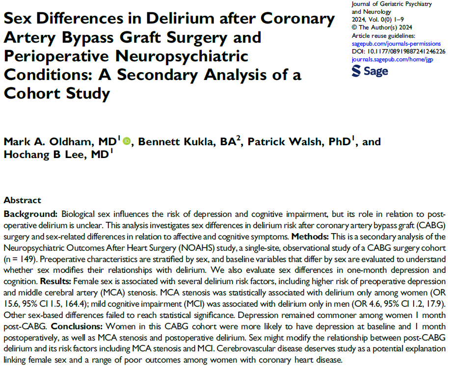 🏥 Women having CABG have ⬆️ #delirium & worse outcomes overall. 🫀 Addressing heart disease in women is crucial: goredforwomen.org/en/ 📝Our work suggests that MCA stenosis & MCI status might explain a portion of these sex differences in outcomes. 🔗 doi.org/10.1177/089198…