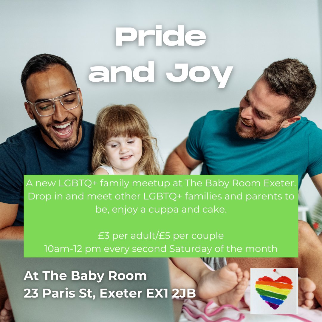 A new LGBTQ+ family meetup in Exeter at The Baby Room! 👶 Drop in and meet other LGBTQ+ families and parents to be 🌈 The second Saturday of every month 🗓️ 10am-12pm 🕙