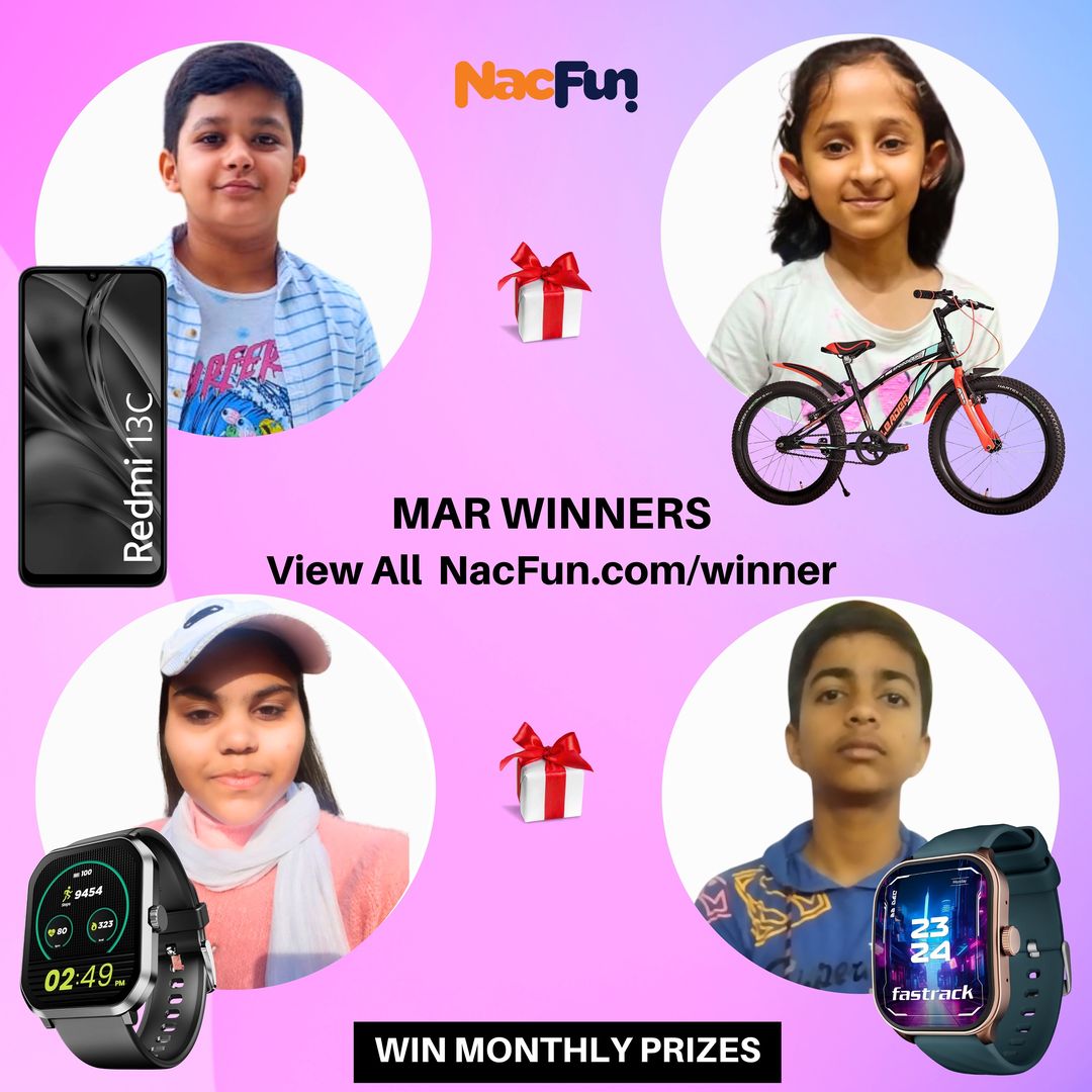 Congrats! View All March Winners NacFun.com/winner ❤️
Win Mobile, Cycle, Smartwatch, Nike, Paytm Cash Monthly 😎

Read ‘How To Use’ & ‘Upload Guide’
To Participate, UPLOAD FREE on NacFun.com
#nacfun #win #prizes #activekids #kidsactivities #giveaway