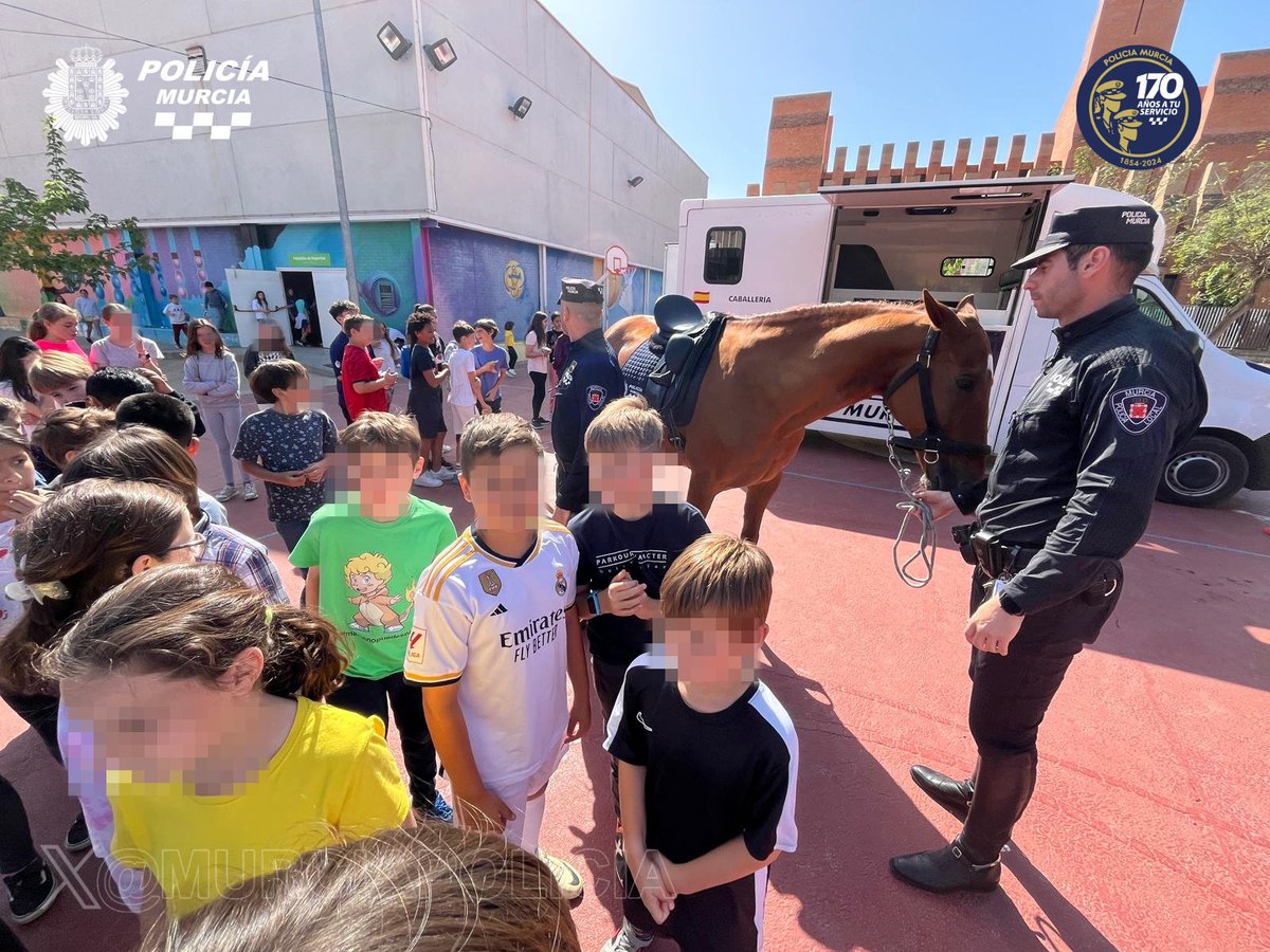 La Unidad de Caballería de @MurciaPolicia hizo esta mañana una visita especial al colegio Federico de Arce, donde los niños de aulas abiertas y niños TEA disfrutaron interactuando con los caballos. Una experiencia enriquecedora que les dejó sonrisas y recuerdos inolvidables.