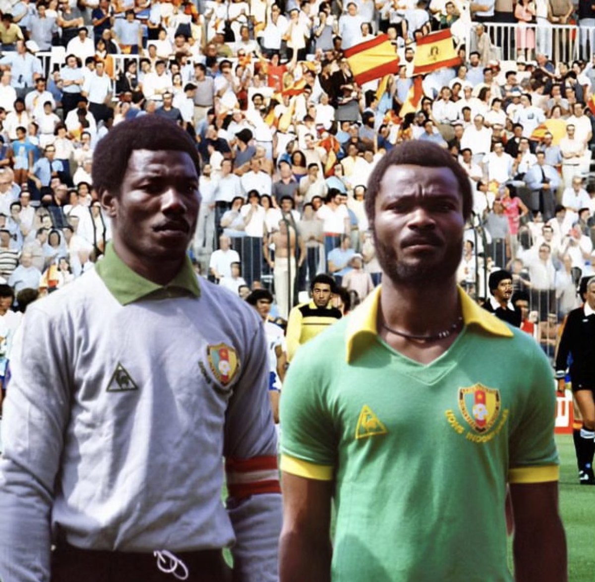 Flashback Friday 💫 Thomas N’Kono and Roger Milla at the 1982 FIFA World Cup in Spain. Both played for Cameroon 🇨🇲 at three editions in 1982, 1990 in Italy and 1994 in the USA. These giants won the AFCON together in 1984 with Milla adding the 1988 edition to his collection.