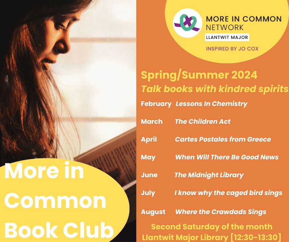 This month's More in Common Book Club is tomorrow. 📚 If you're looking to meet new people, chat books & read more, this is for you! We'll start our next 6 title wish-list, so it's a great time to join 🥳📚 #moreincommon @llantwitlibrary @great_together