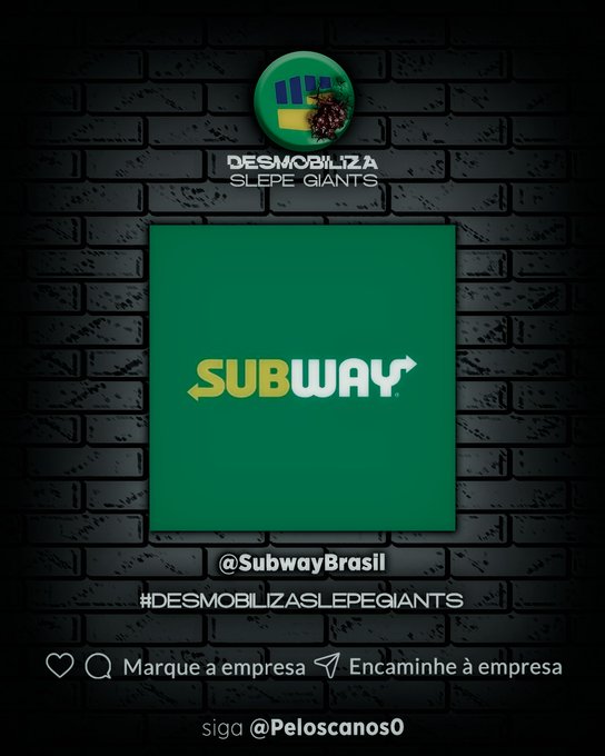 Olá
@SubwayBrasil, tudo bem? Infelizmente, sua marca está sendo pressionada por um grupo que promove uma agenda de perseguição a empresas e meios de comunicação. Aposto que não querem a marca de vocês associada à censura, não se curvem ao Slepe Giants!!  #DesmobilizaSlepeGiants