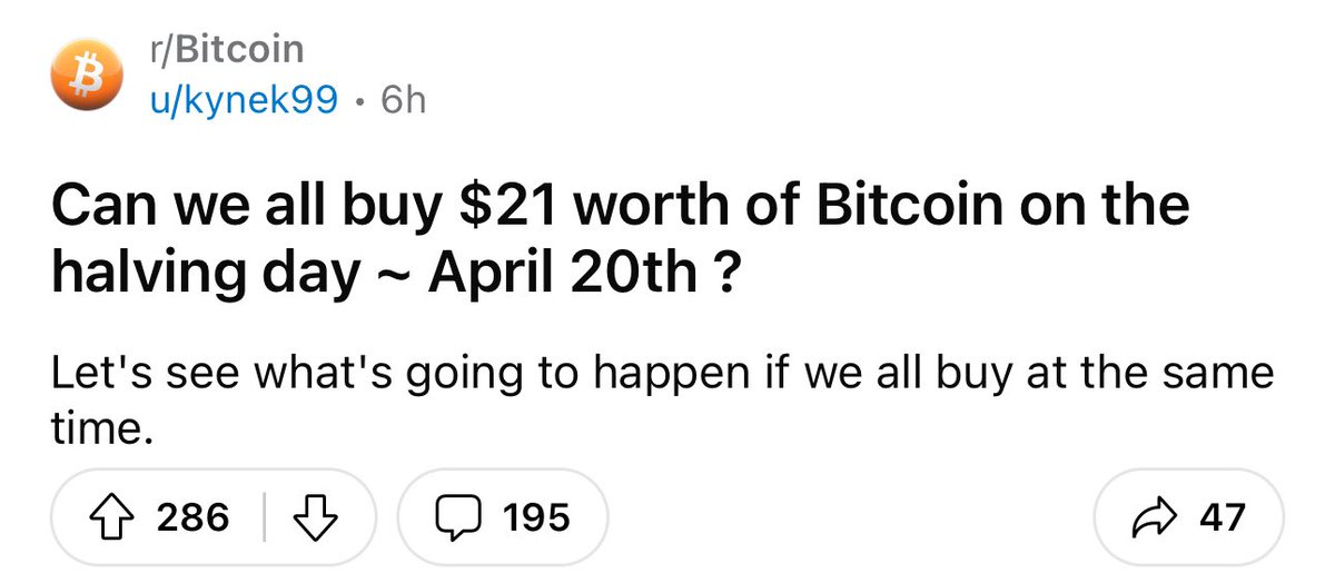 “Can we all buy $21 worth of #Bitcoin on the halving day?” I’m in! You?