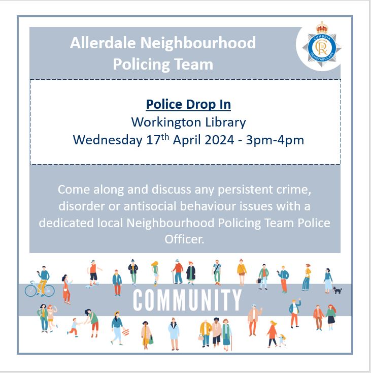 PCSO Rachel will be holding a drop in at Workington Library on Wednesday 17th April between 3pm and 4pm - Please call in to discuss any Police related issues #communitypolicing